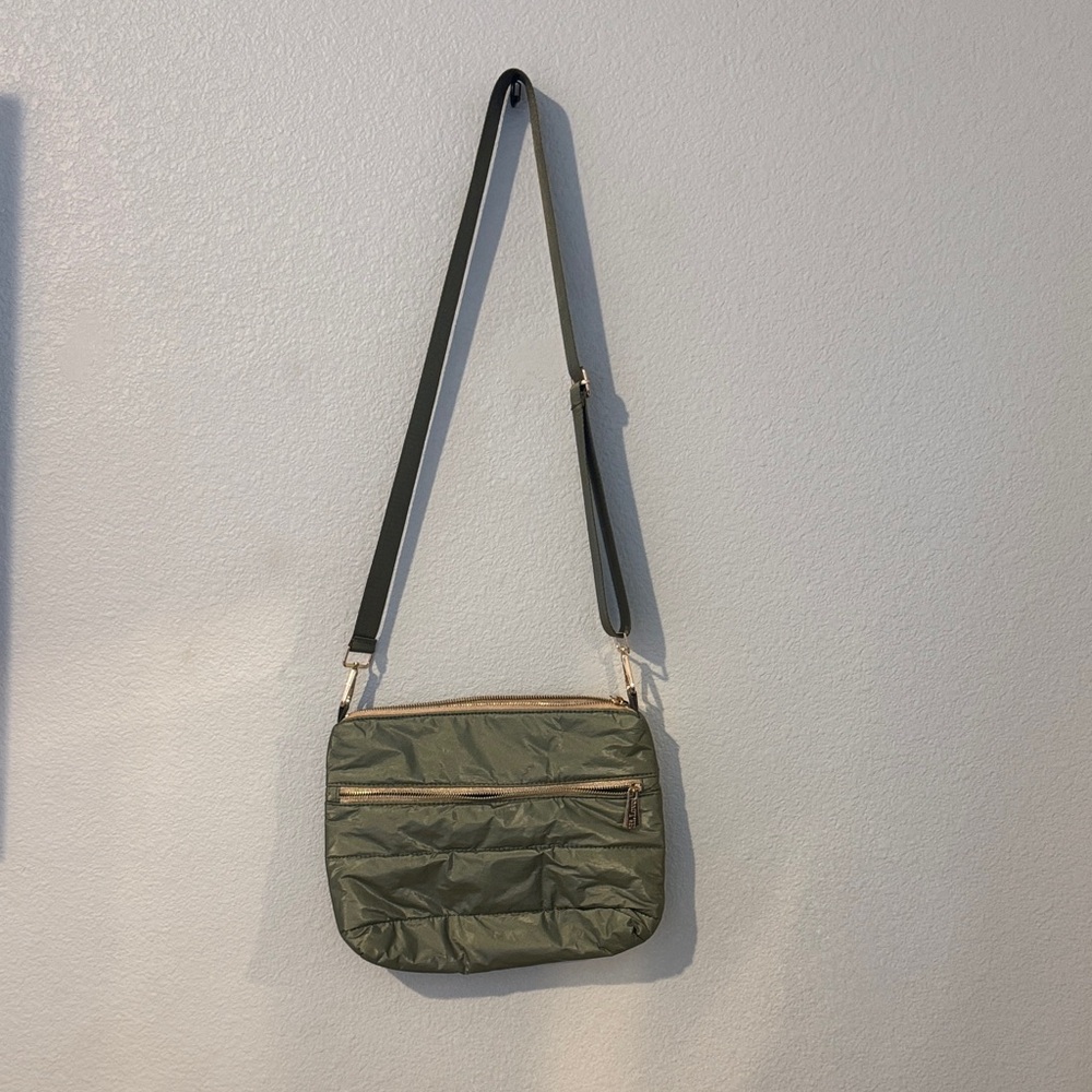 Olive Quilted Crossbody Bag with Gold Accents